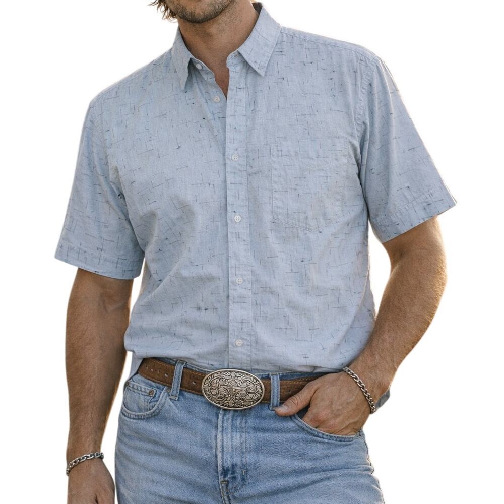 Vintage Men's Light Blue Short Sleeve Abstract Pattern Western Button Down Shirt
